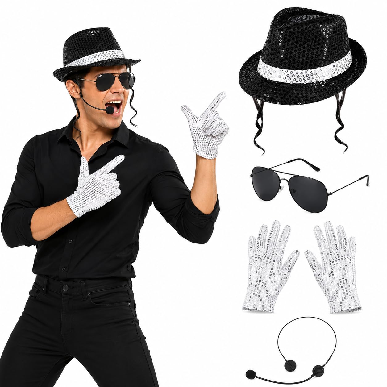 Cctetn MJ Costume Accessories Adults 80s Pop Star 4 Piece Fancy Dress Set