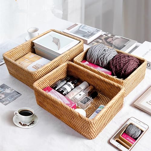 Rattan Storage Baskets, Wicker Baskets for Organizing, Hand Woven Decorative Box for Kitchen Counter, Living Room, Bathroom, Set of 3 (Rectangular) - Cosy Home Interiors Rattan Storage Baskets, Wicker Baskets for Organizing, Hand Woven Decorative Box for Kitchen Counter, Living Room, Bathroom, Set of 3 (Rectangular) - Image 5