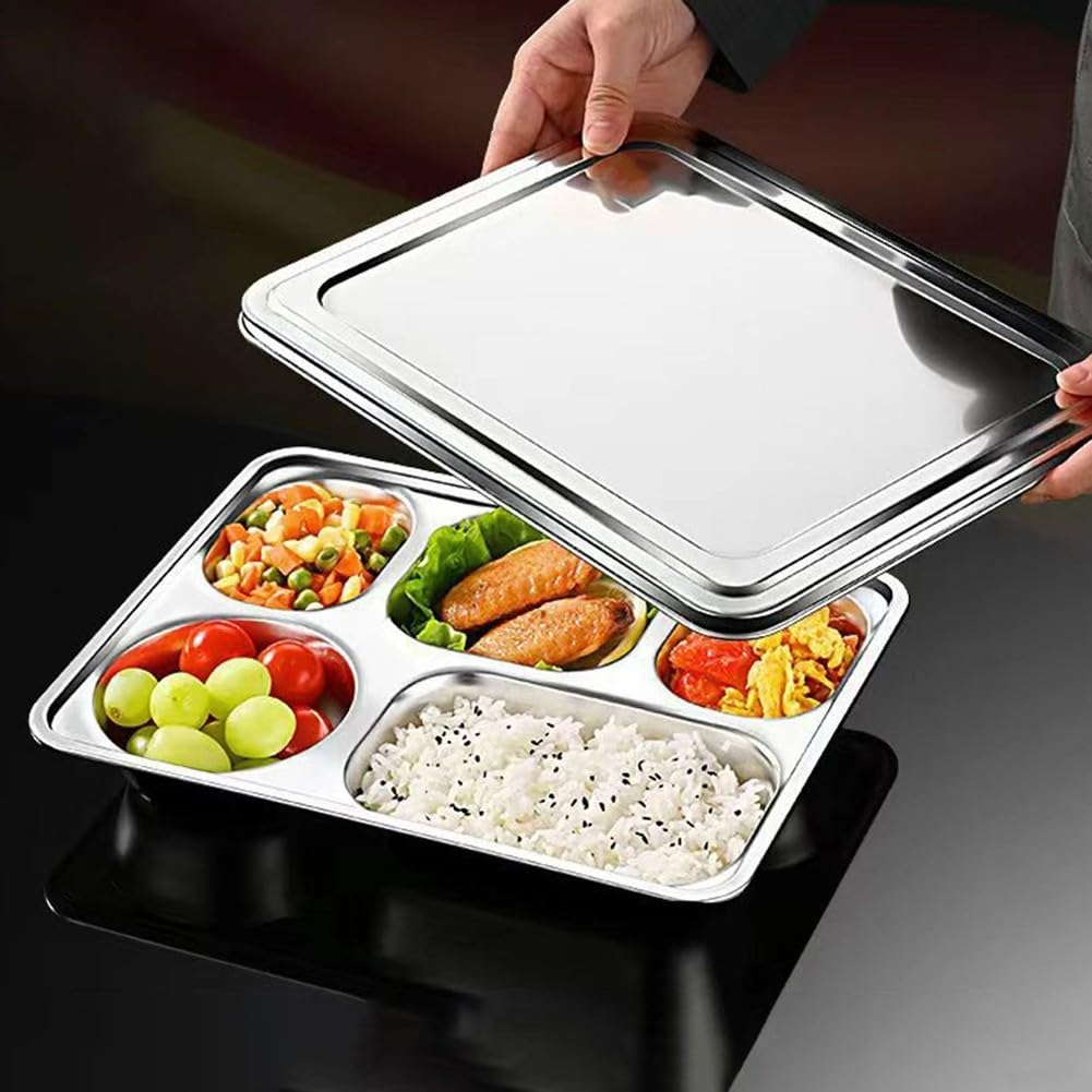 Bandeja de acero inoxidable con tapa, diseño apilable de 4 compartimentos, apta para lavavajillas, para adultos, camping, uso doméstico y control de porciones