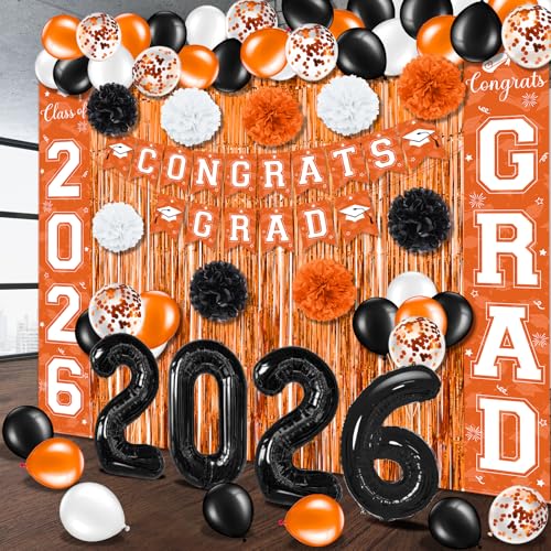 Image of Graduation Party Decorations Class of 2026, Graduation Decorations with Congrats Grad Banner Fringe Foil Curtain Paper Flower Ball Balloons for High School College Graduation Party Supplies, Orange