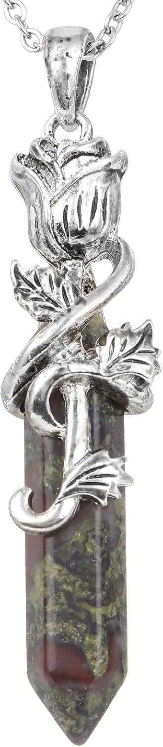 TUMBEELLUWA Rose Flower Wrapped Healing Crystal Point Necklace, Hexagonal Prism Pendant Jewelry for Women Men