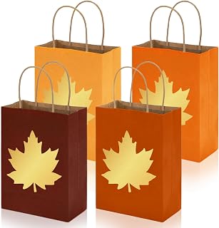 Whaline 24Pcs Fall Paper Bag Gold Foil Maple Leaf Treat Bags with Handles Red Brown Orange Candy Goodie Bags for Autumn Thanksgiving Party Favors Supplies