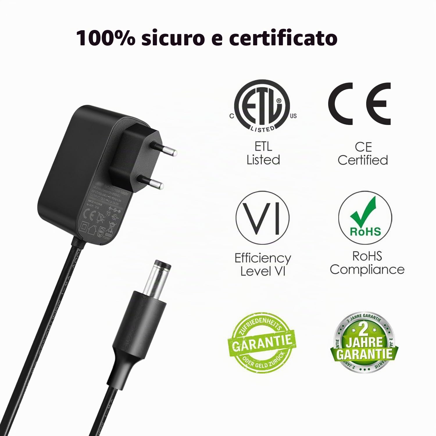 Lonnky Adattatore 12V 2A con Cavo da 1,8 M, AC 100-240V a DC 12V, Connettore Universale 2,1 mm x 5,5 mm per LCD, Router e Telecamere di Sorveglianza