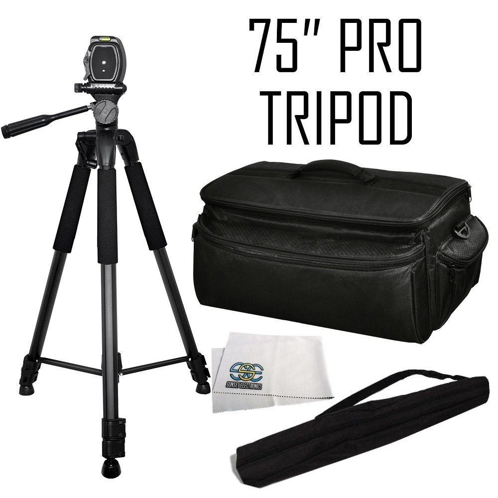 75-inch Professional Series Tripod w/ 3-way Head + Rugged Series Water Resistant, Adjustable Shoulder Strap, Heavy Duty, Shock Proof Pro Camcorder Carrying Case for Panasonic Ag-3da1, Ag-dvc20, Ag-dvx100b, Ag-hmc150, Ag-hmc40, AG-HMC80 Camcorder