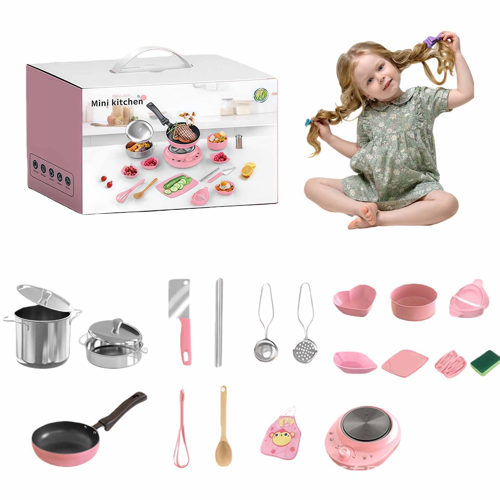 Children's Real Cooking Mini Kitchen Toys - 22 PCS Set, Food-Grade Stainless Steel Cooking Sets with Stove, Real Food Making Beginner Educational Toys (pink)