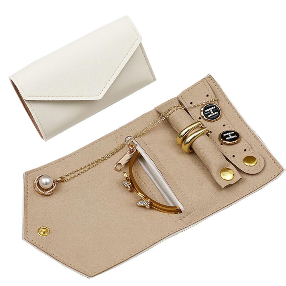 VICHILL Travel Jewelry Case Organizer, Foldable Jewelry Storage Roll for Earrings, Necklaces, Rings, Bracelets, Brooches (White)