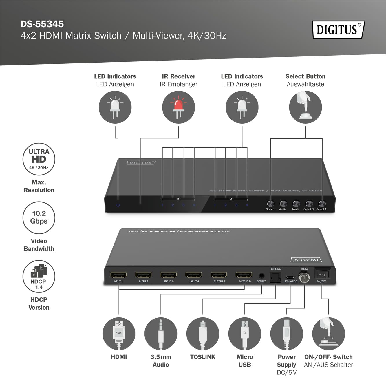 DIGITUS DS-55345 Switch a matrice HDMI 4x2-4 ingressi 2 uscite - UHD 4K/30 Hz HDTV: 3840 x 2160p - HDCP 1.4 e HDMI 1.4b - Multi-Viewer, Split-Screen, PIP - RS232, Audio (Toslink, Stereo 3,5mm)