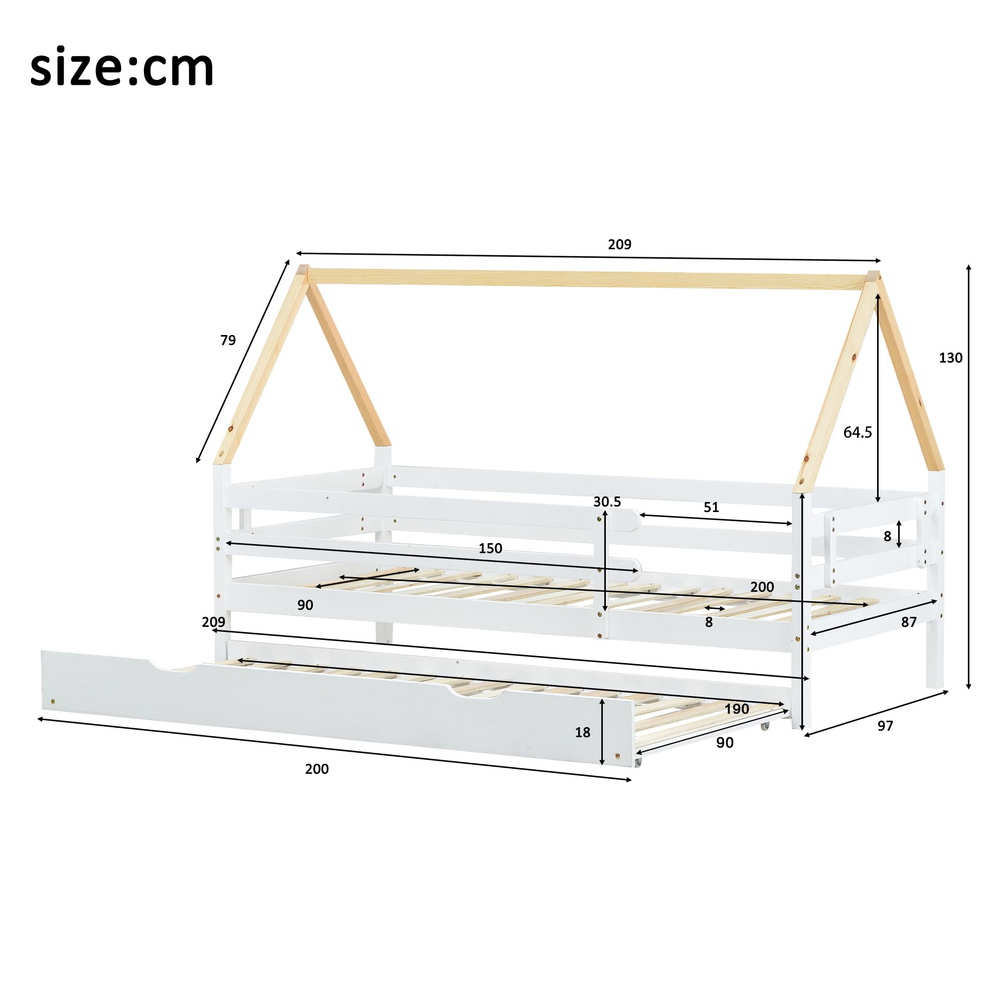 Cama Montessori con Nido y Juvenil, Protección Anticaída, Estructura de Madera con Lamas, Sin Colchón, Blanco + Color Natural