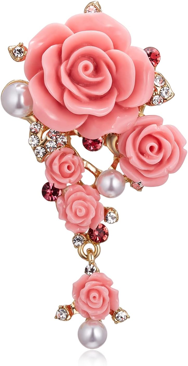 PinkNU Sweet Pink Rose Flower Brooches For Women Rhinestone