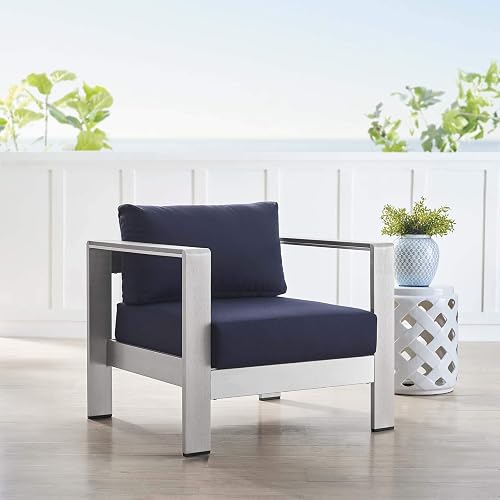 EEI-4225-SLV-NAV Shore EEI-4225-SLV-NAVShore Sunbrella Patio Armchair in Silver Navy