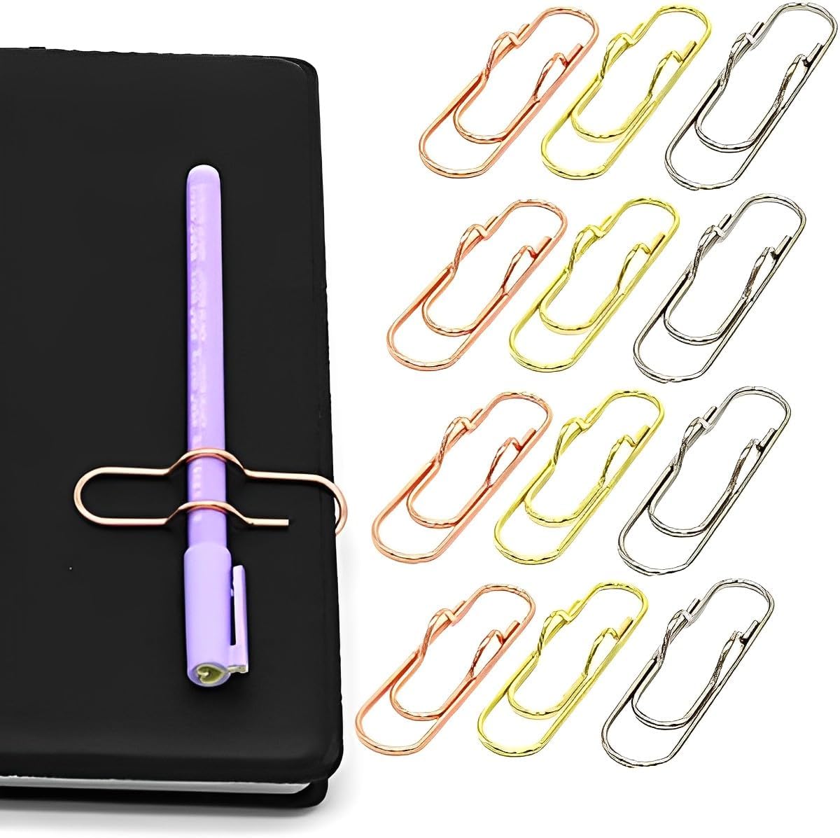 ALMEKAQUZ 12Pcs Metal Pen Clip for Notebook, 3 Color Pen Holder Clip, Paper Clip Pen Holder, Pen Paper Clip Bookmark Stationery Tool Office Supplies for Notebook Journals(Gold, Rose Gold, Sliver)