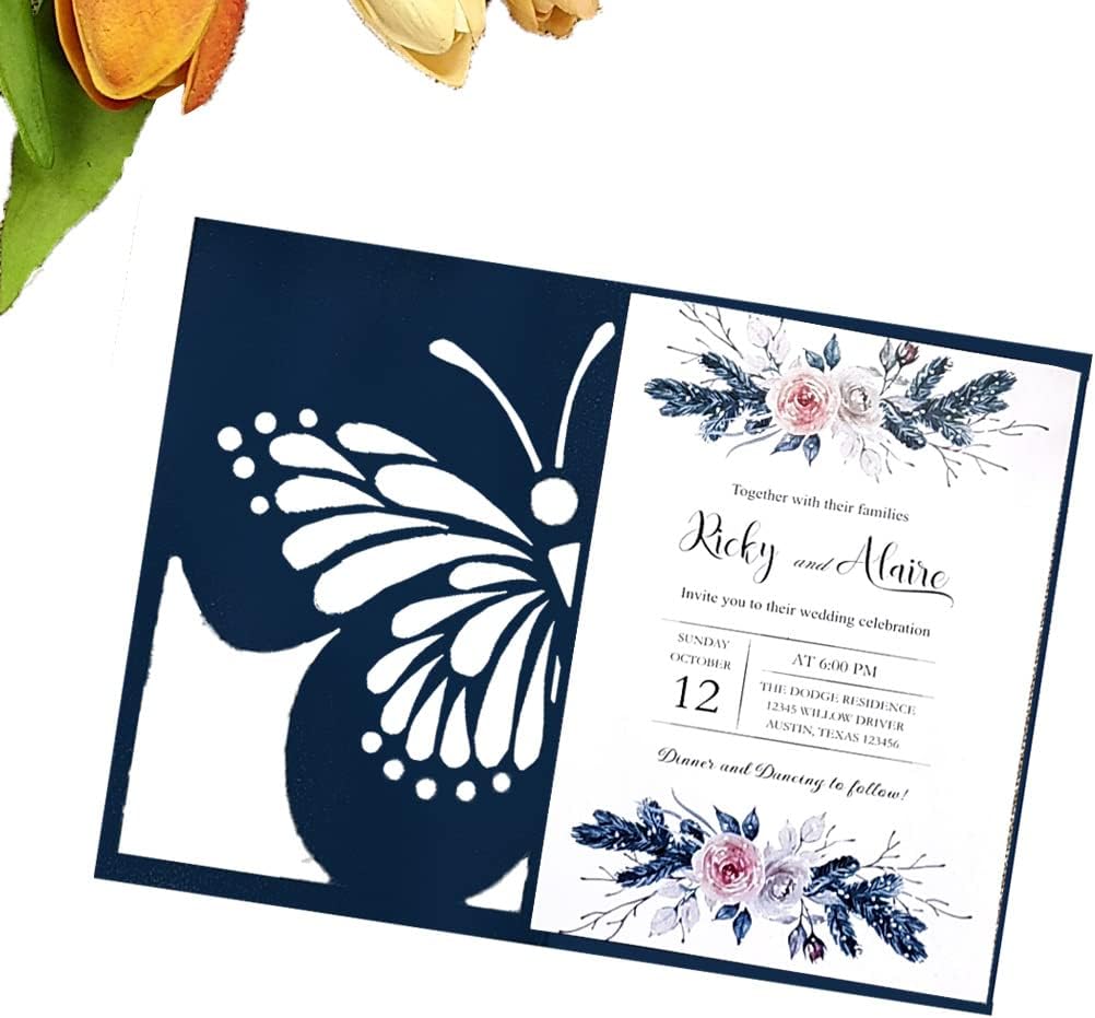 MLIGHT 5.1 * 7.5 Inch 50PCS Invitation Kit Laser Cut Butterfly Invitation Pocket