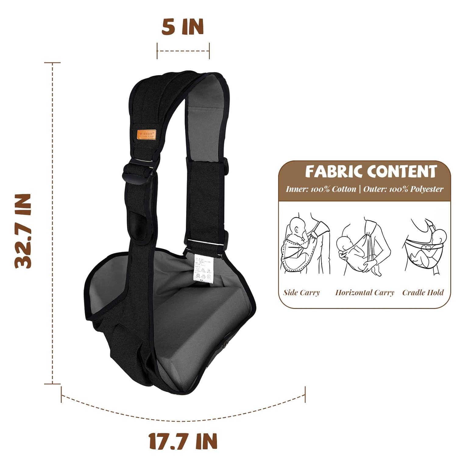 Baby Sling Carrier for Toddler, Baby Side Carrier with Detachable Seat Cushion, Lightweight Toddler Carrier Fits 9–48 Months, Adjustable Shoulder Strap, One Size Fits All Parents (Black)