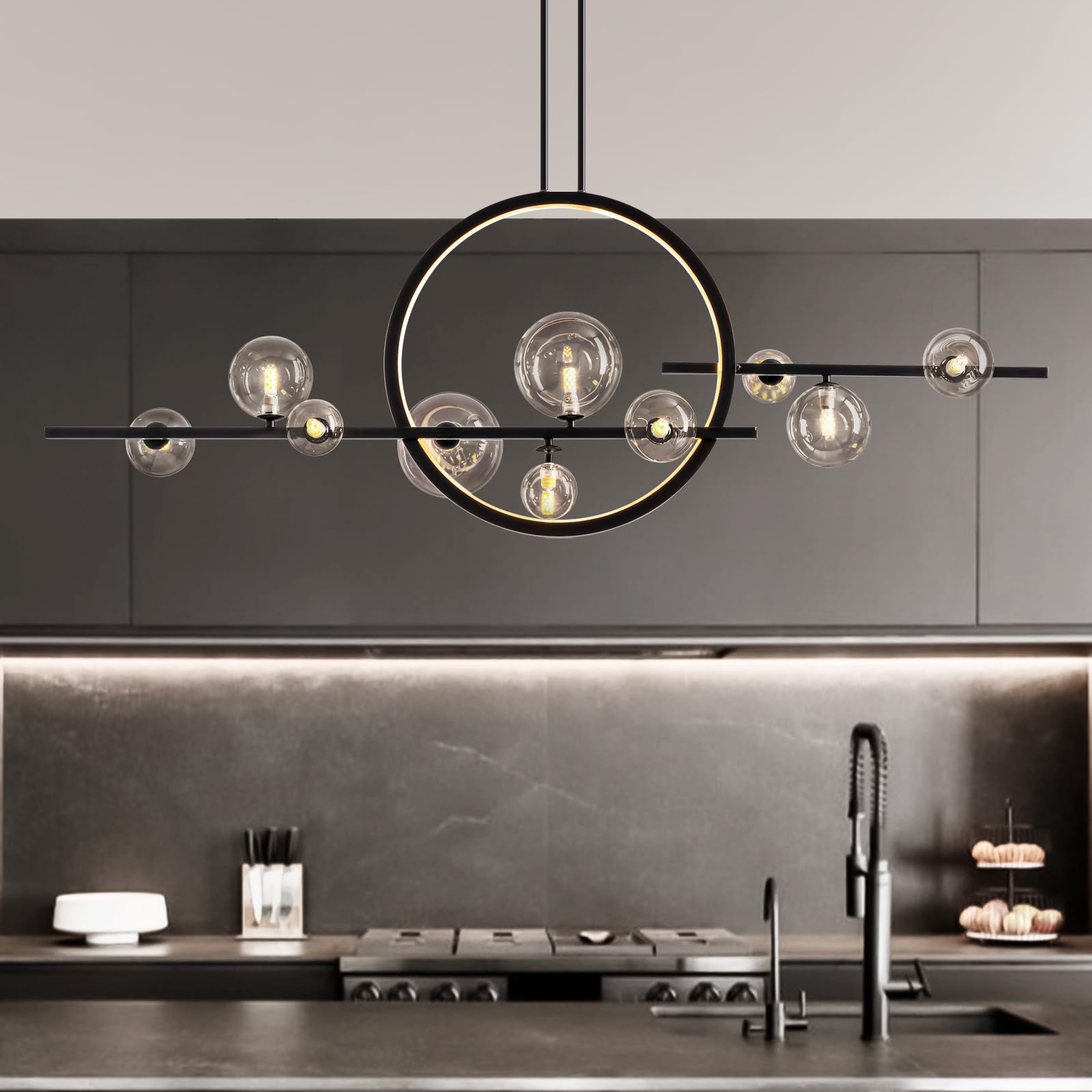 CROSSIO Modern Black LED Pendant Light, 10-Light Kitchen Island Chandelier with Glass Globe Shades, Adjustable Linear Light Fixture for Dining Room and Living Room