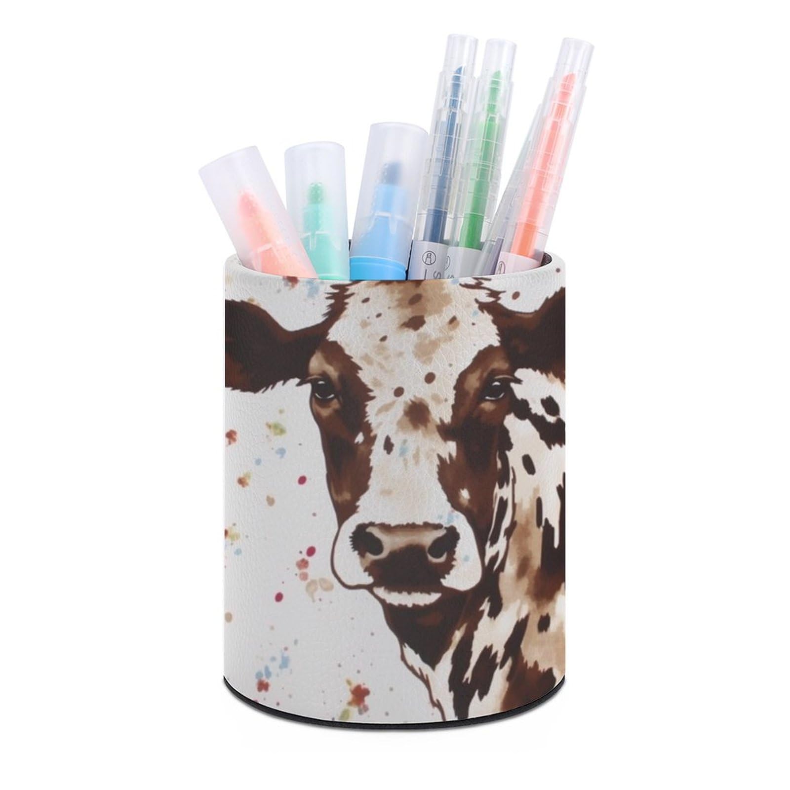 JTREHY Round Pen Holder,Cow Printed Printed Makeup Brush Storage Box Desktop Stationery Storage Cup Office Accessories Storage Box Pencil Storage Box for Home Office Dressing Table