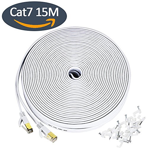 Ethernet Cable for PS4, 50 ft Cat 7 Slim High Speed Wire Internet Cable with Clips, Faster Than Cat6 Cat5,Computer Network Cord with Shielded (STP) RJ45 Plugs for PS3, MAC Pro, TV, Laptop- White(15M)
