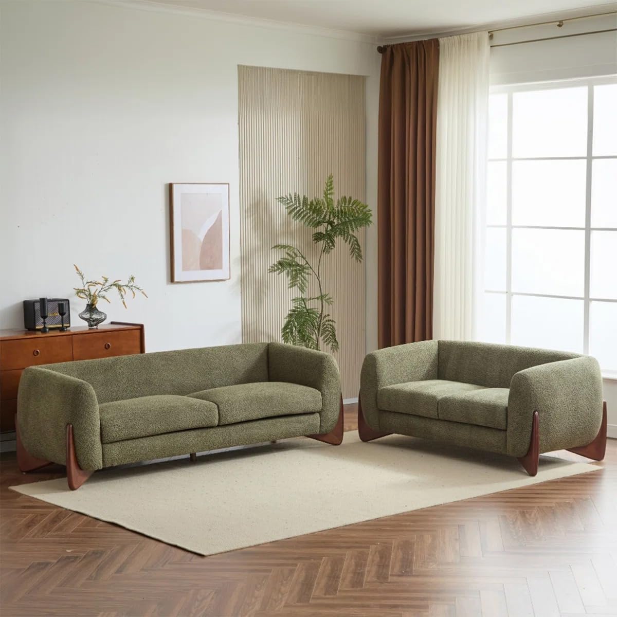 SHINE WOOD ART Boucle Upholstered 5-Seater Sofa and Loveseat Olive Green