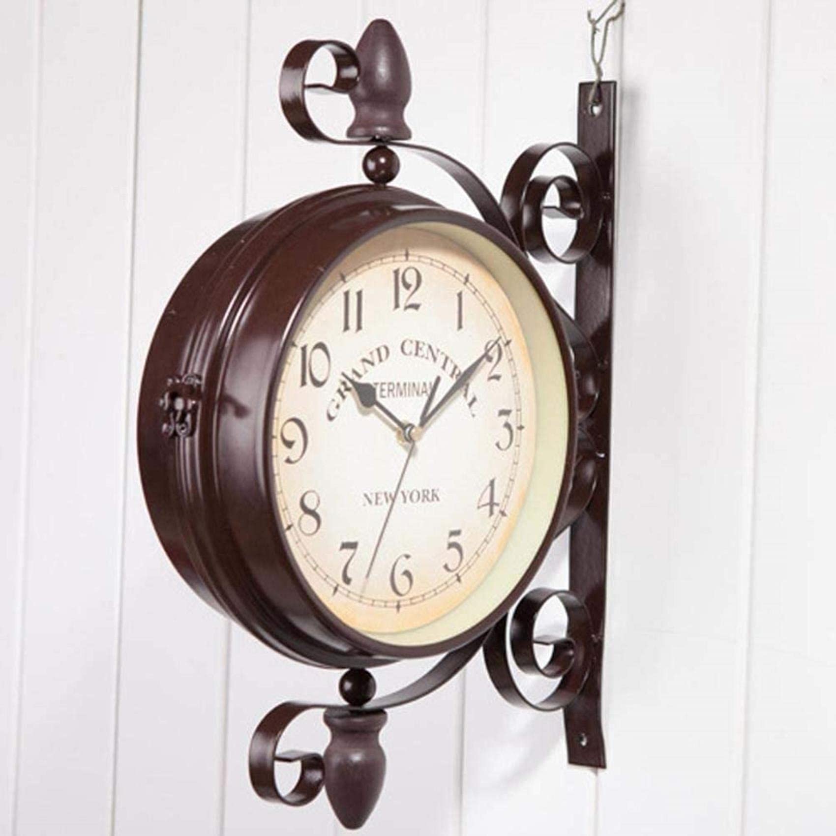 Zegar ścienny dwustronne zegar ścienny, vintage Wall Montażu Dwie twarze Zegar retro stacja, wiszący cichy zegar na ścianę do stacji domowej stacji dekoracje ogrodu Dwustronne dwustronne podwójne