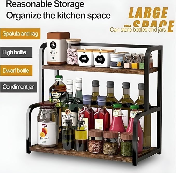 Image of Spice Rack Organizer for Kitchen Countertop, Metal Kitchen Storage Shelf with Wooden Shelves, Pantry Cabinet Organizer for Spice Jars, Oil Bottles, Seasonings, Condiments (Black, 2-Tier)