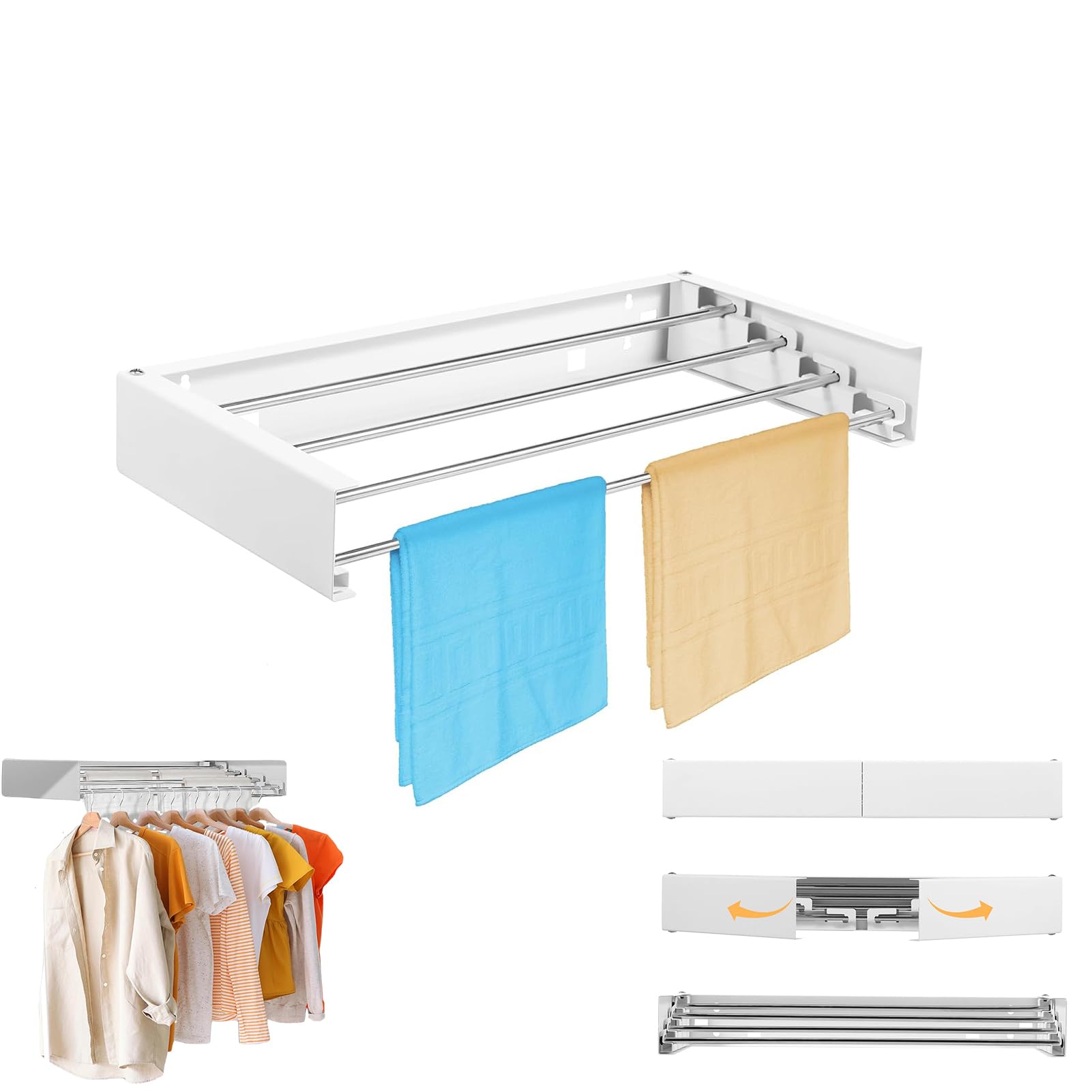 Wäscheständer Wandmontage, 50CM 4-Stange, Platzsparend, Robust, Ausziehbar, Faltbar, für Indoor & Outdoor, Balkon