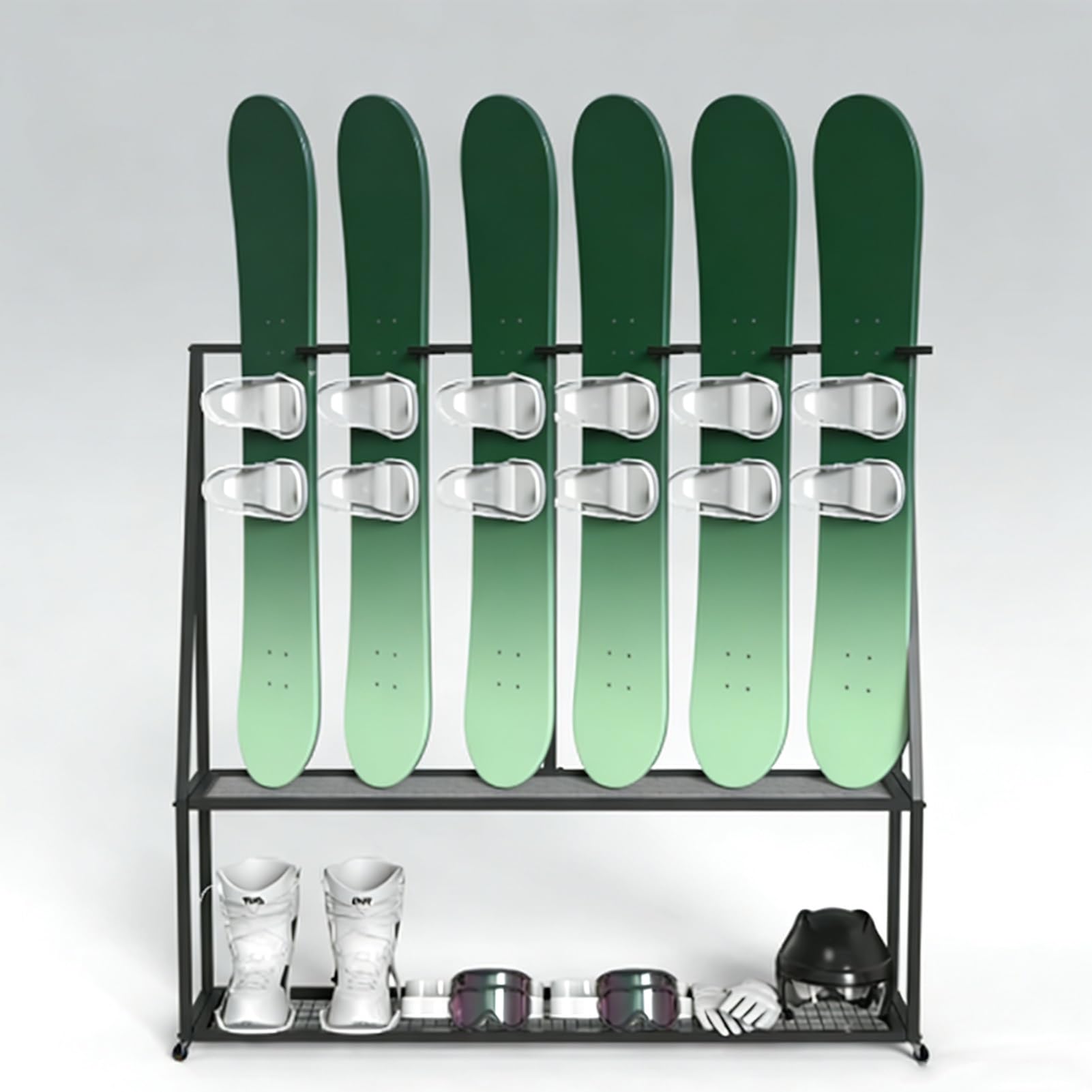 Estante independiente para snowboard para botas y casco, soporte de almacenamiento de esquí de fondo, organizador de longboard de doble capa para garaje y sótano