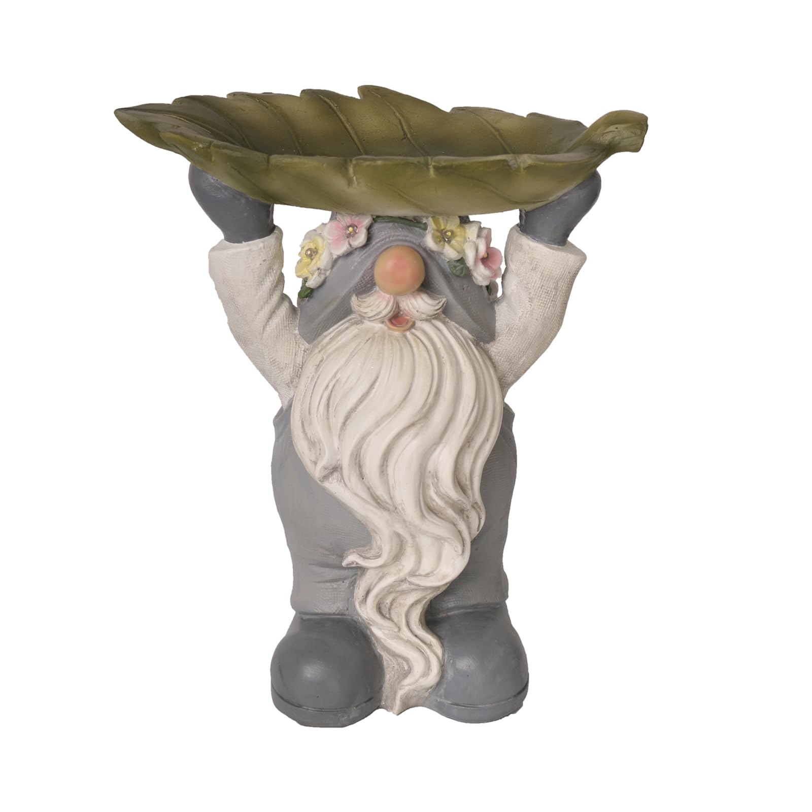Mangiatoia decorativa a forma di gnomo con piatto a forma di foglia in resina, resistente, decorazione per esterni, resistente alle intemperie, per attirare gli uccelli in cortile, patio o