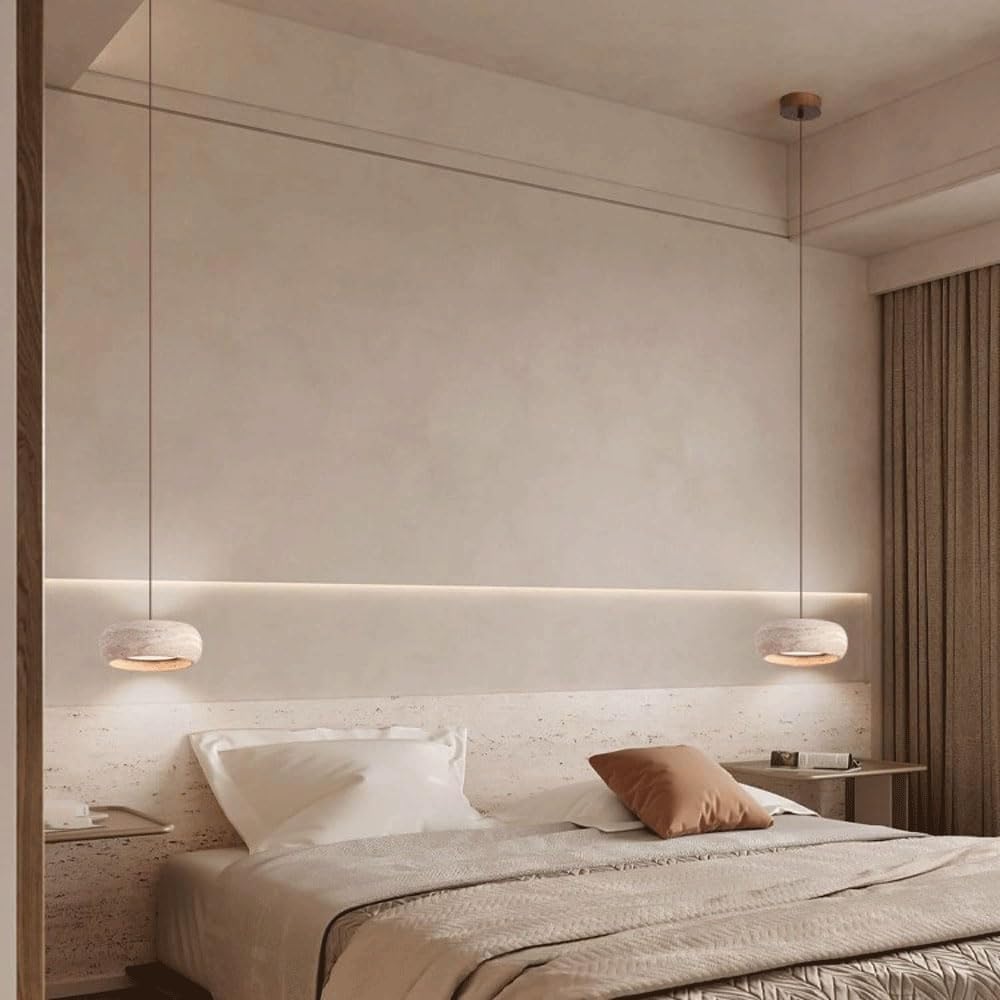 Pendelleuchte Minimalistischer Gelber Travertin, LED Hängelampe Oben Unten Beleuchtung Ringstein Kronleuchter für Schlafzimmer Nachttisch(3 modes)