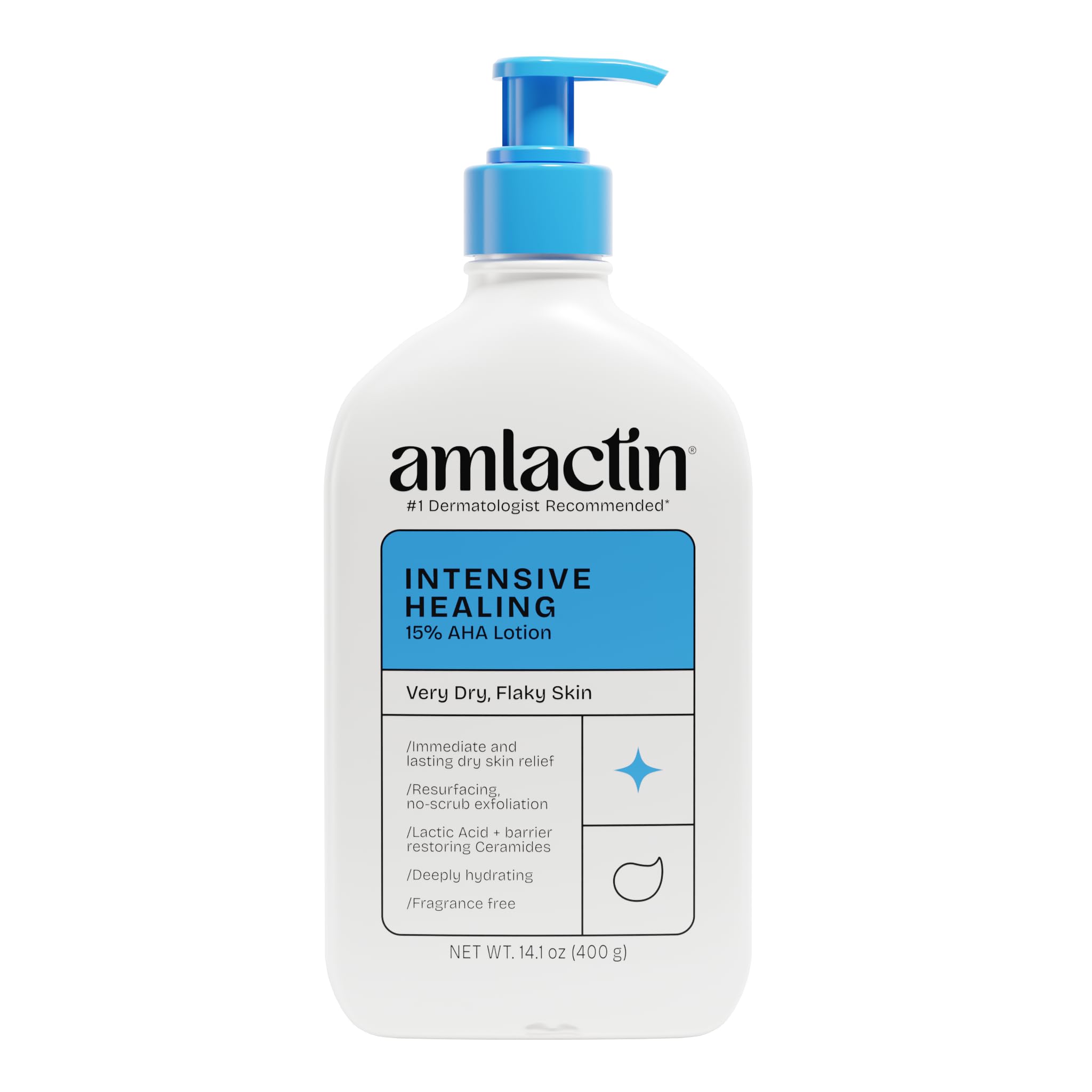 AmLactin Rapid Relief Restoring Body Lotion for Dry Skin – 14.1 oz Pump Bottle – 2-in-1 Exfoliator & Moisturizer with Ceramides & 15% Lactic Acid for Relief from Dry Skin (Packaging May Vary)
