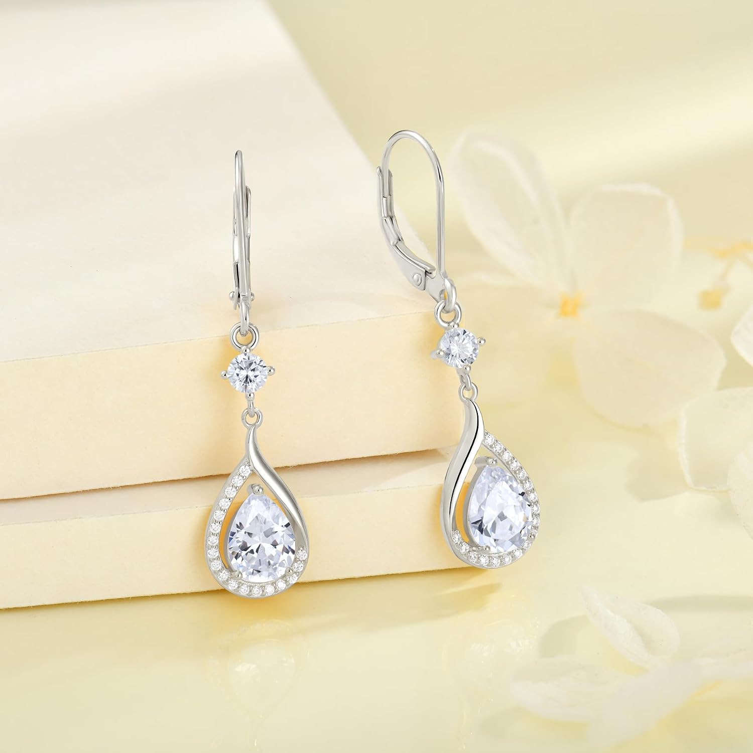 Teardrop Birthstone Earrings for Women 925 Sterling Silver Cubic Zirconia White/Yellow Gold Plated Dangle Drop Earrings Jewelry for Her