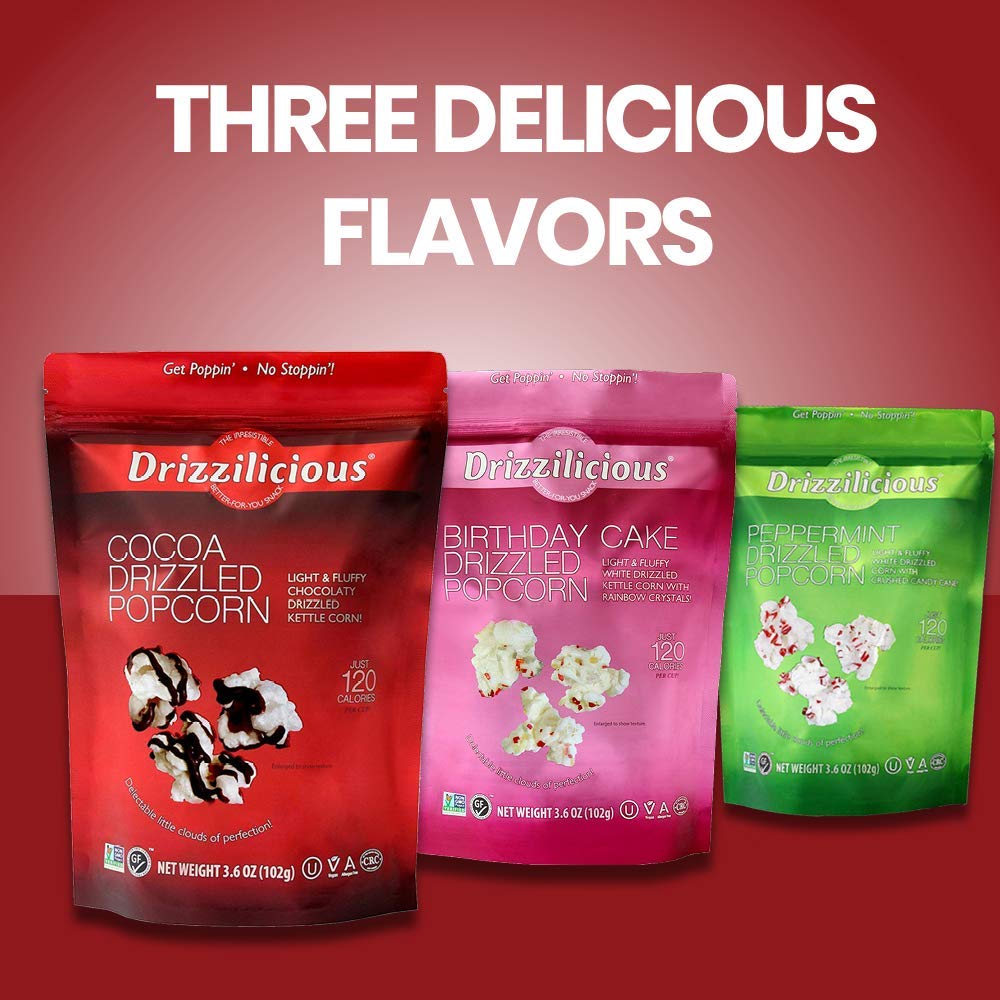 Drizzilicious Cocoa Popcorn - Healthy Chocolatey Flavored Popcorn, Low Cal Kettle Corn, Vegan, Allergen Free, Gluten Free Snack for Adults & Kids, Only 120 Calories Per Cup - 3.6 oz Bags (Pack of 6)