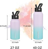 Vista 201 de BJPKPK - Botellas de agua aisladas con tapa de popote, botellas de agua de acero inoxidable de 40 onzas con 3 tapas, termo a prueba de fugas libre