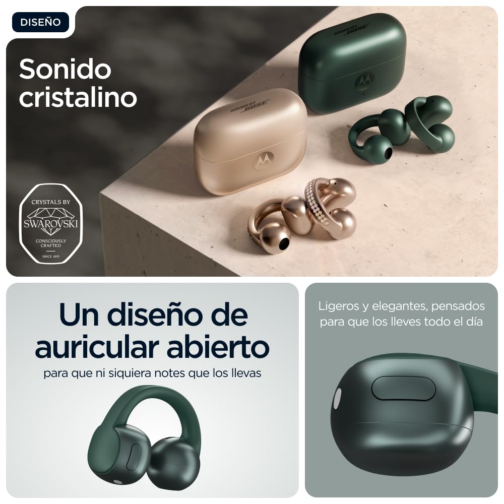 Auriculares Moto Buds Loop Color Pantone Trekking Green, Diseño Open-Ear, Integración con Smartphones, Sound by Bose, Micrófono avanzado, Diseño Resistente al Agua,Batería de Larga duración