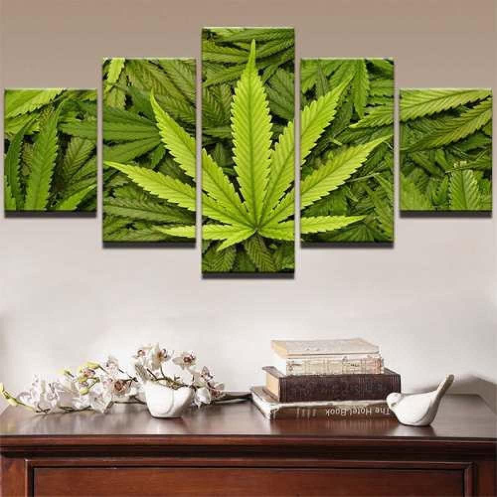 KSFBHC Moderno 5 Piezas De Madera Vogue 5 Piezas De Lienzo De Arte De Pared Hierba de cáñamo de Hoja de Marihuana enmarcada Cuadros Decoracion Salon Cuadros Abstractos Modernos Lienzos Decorativos