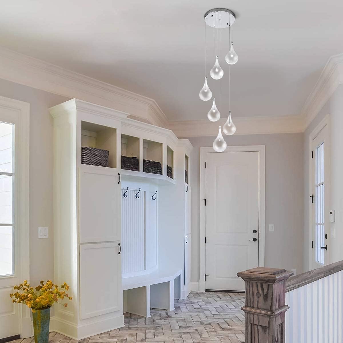 Hottest Sale Modern LED Chandelier Dimmable Pendant Light Cluster Chandelier with 6 Glass Raindrop Glass Shade Pendant Lighting Fixture for Kitchen Dining Room Living Room Stairwell, 18W, Chrome Finish