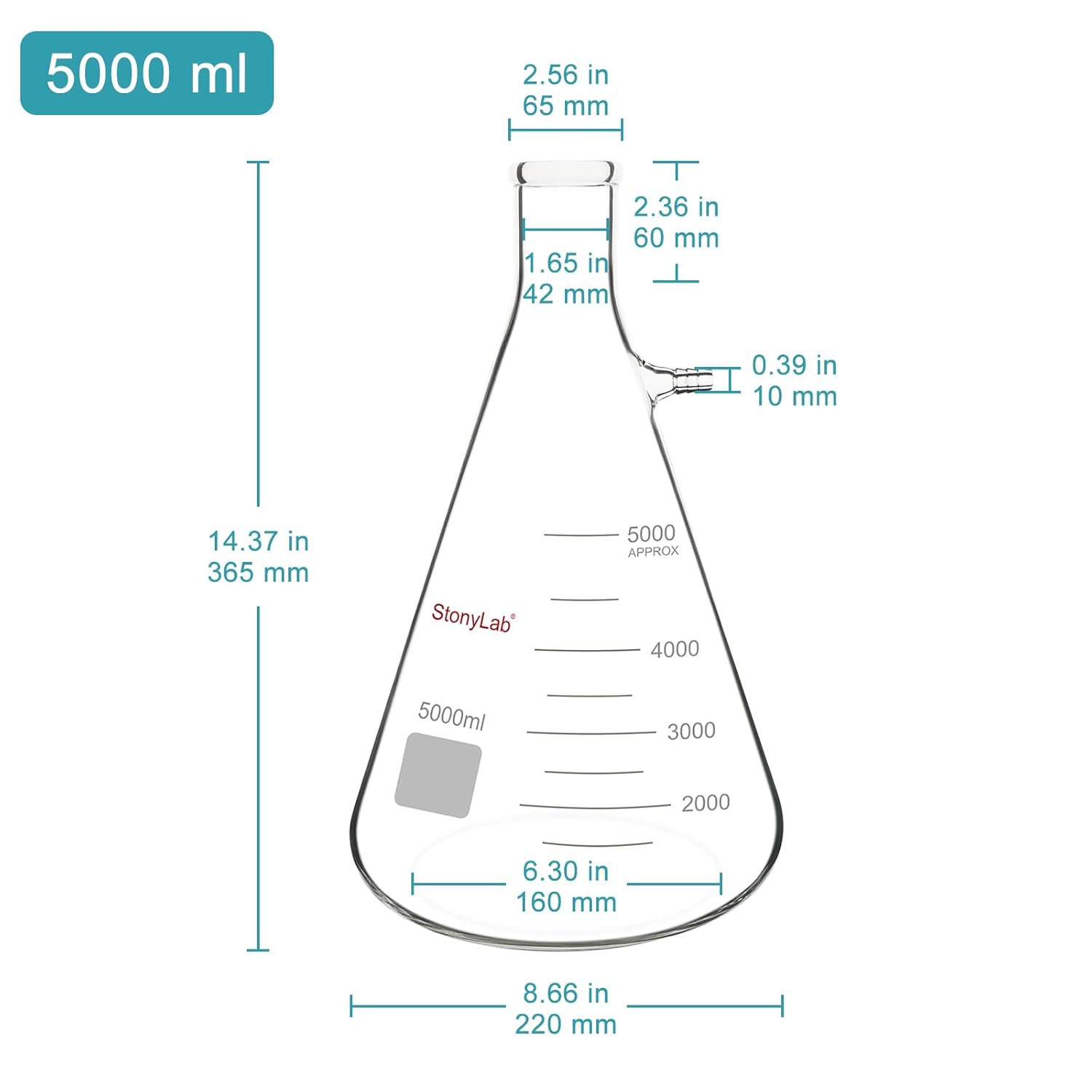 StonyLab 5000ml Borosilicate Glass Filtering Flask, Bolt Neck with Tubulation, 5L (5 Liter)