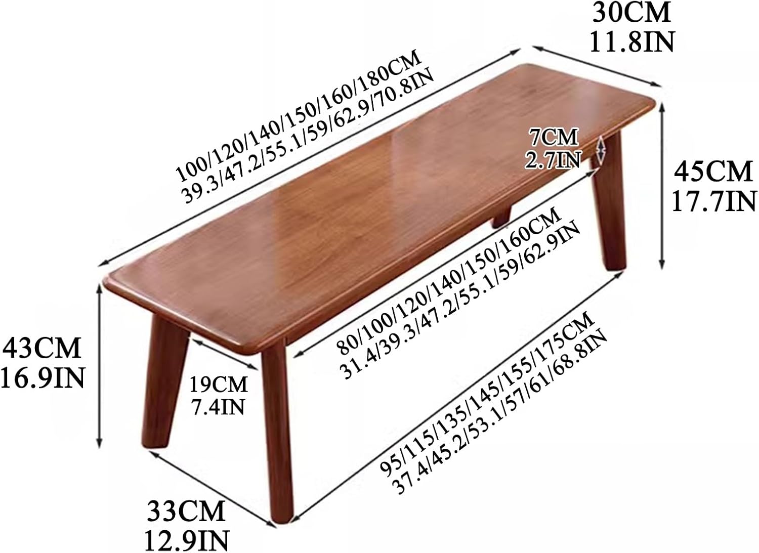 Cushioned Bench for End of Bed, Entryway Bench, Wood Seating Bench, Vintage Narrow Entryway Bench for Living Room,Dining Bench for Kitchen, Solid Wood, Easy to Assemble(Black walnut,180cm/71IN)