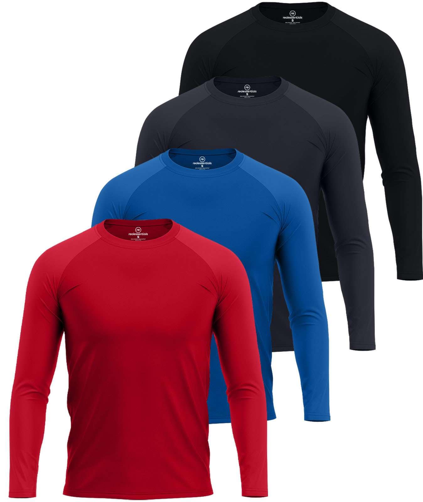 Real Essentials 4 Pack: Mens Long Sleeve Rash Guard Shirt UPF 50+ Swim Beach UV Sun Protection Fishing Quick Dry (Big & Tall)