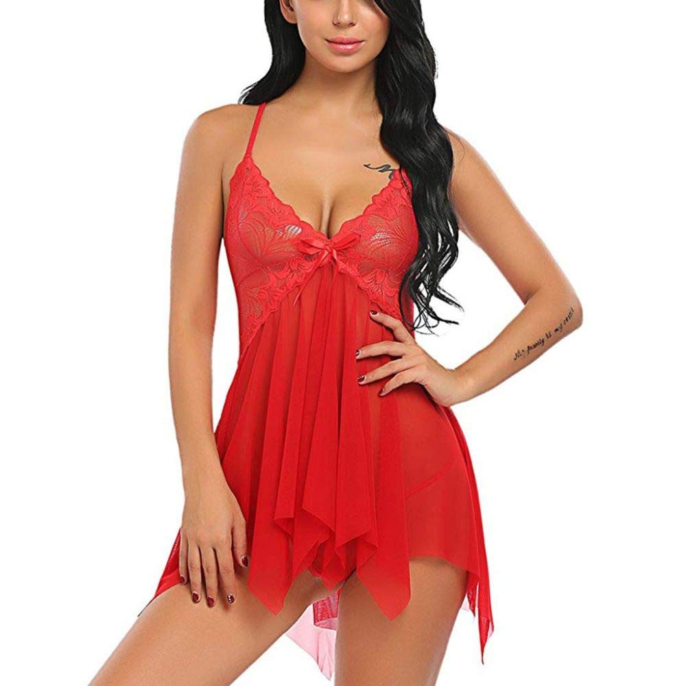 Camisón de Encaje con Escote en V, Tanga, Espalda Descubierta, Malla Transparente, Ropa Interior (Rojo XXL) S