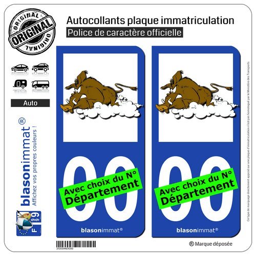 blasonimmat 2 Autocollants Plaque immatriculation Auto : Sanglier en Colère