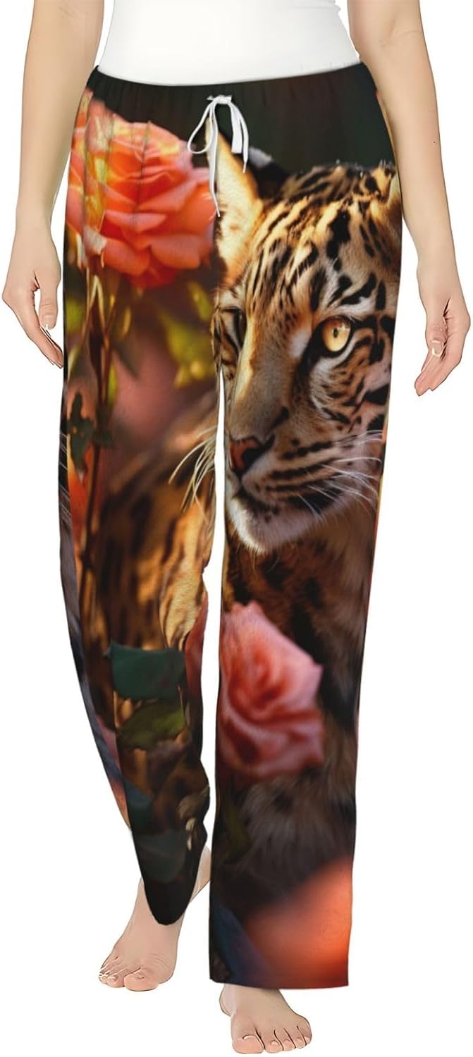 Leopard Rose Print Fashion Cozy Womens Flannel Pajama Pants,Perfect For Christmas And Everyday Wear