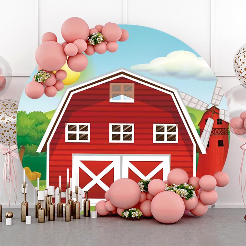 AOFOTO 7x7ft Farm Red Barn Round Backdrop Cover for Photography Cartoon Farm Theme Barn Door Circle Backdrop Baby Shower Party Supplies Child Kid