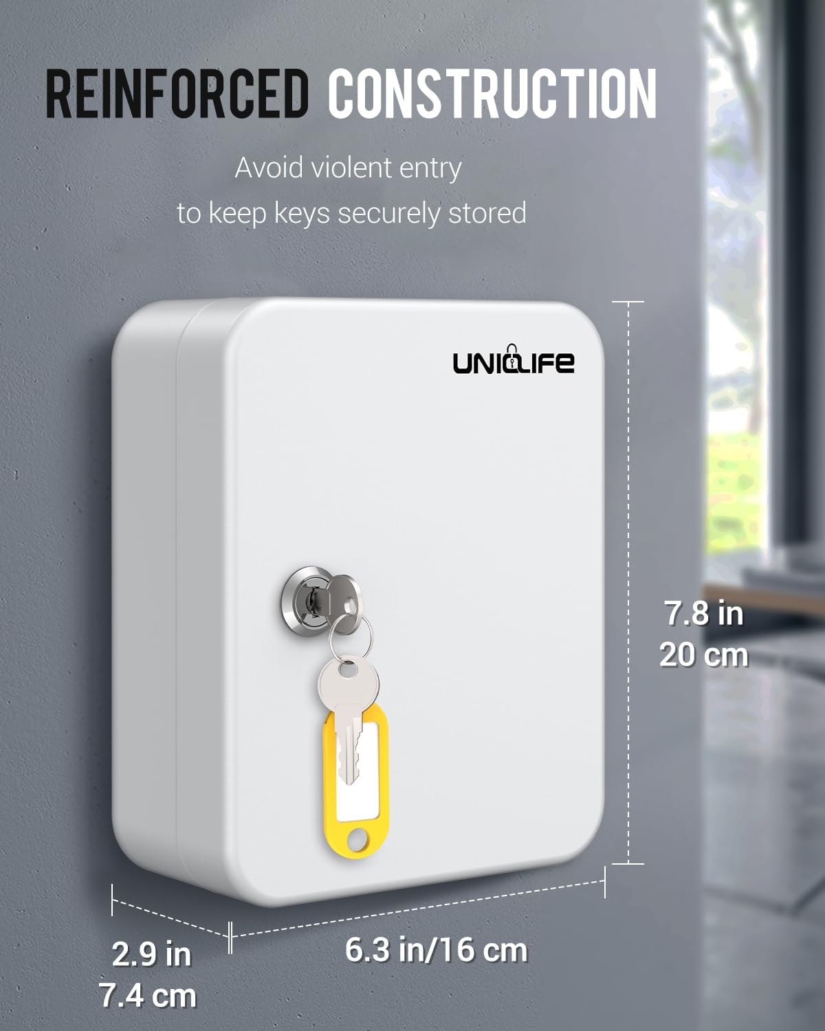 Uniclife 20 Position Key Cabinet with Key Lock Wall Mounted White Security Storage Box Steel Key Organizer with Colorful Key Tag Labels Identifiers Stickers and Hooks