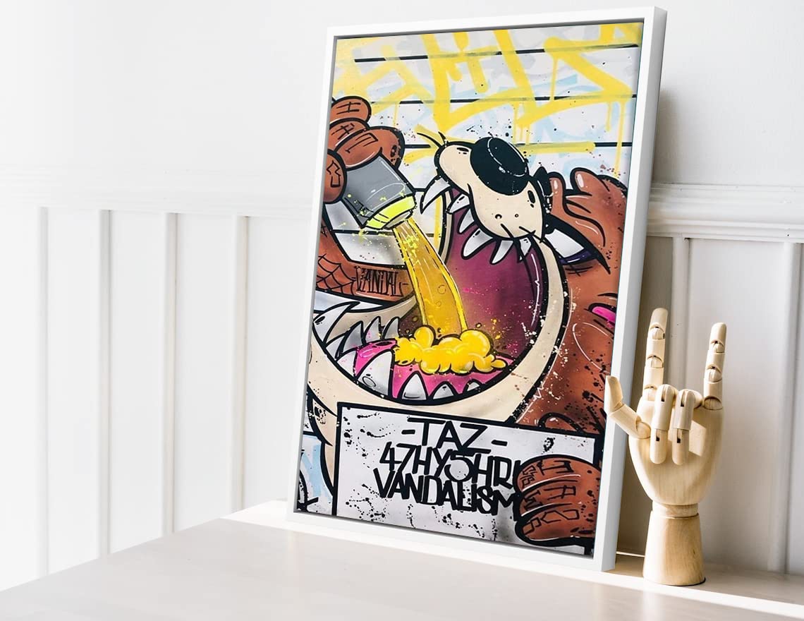VERRE ART Printed Framed Canvas Painting for Home Decor Office Wall Studio Wall Living Room Decoration (14x22inch White Floater) - Taz Cat Grafitti Art