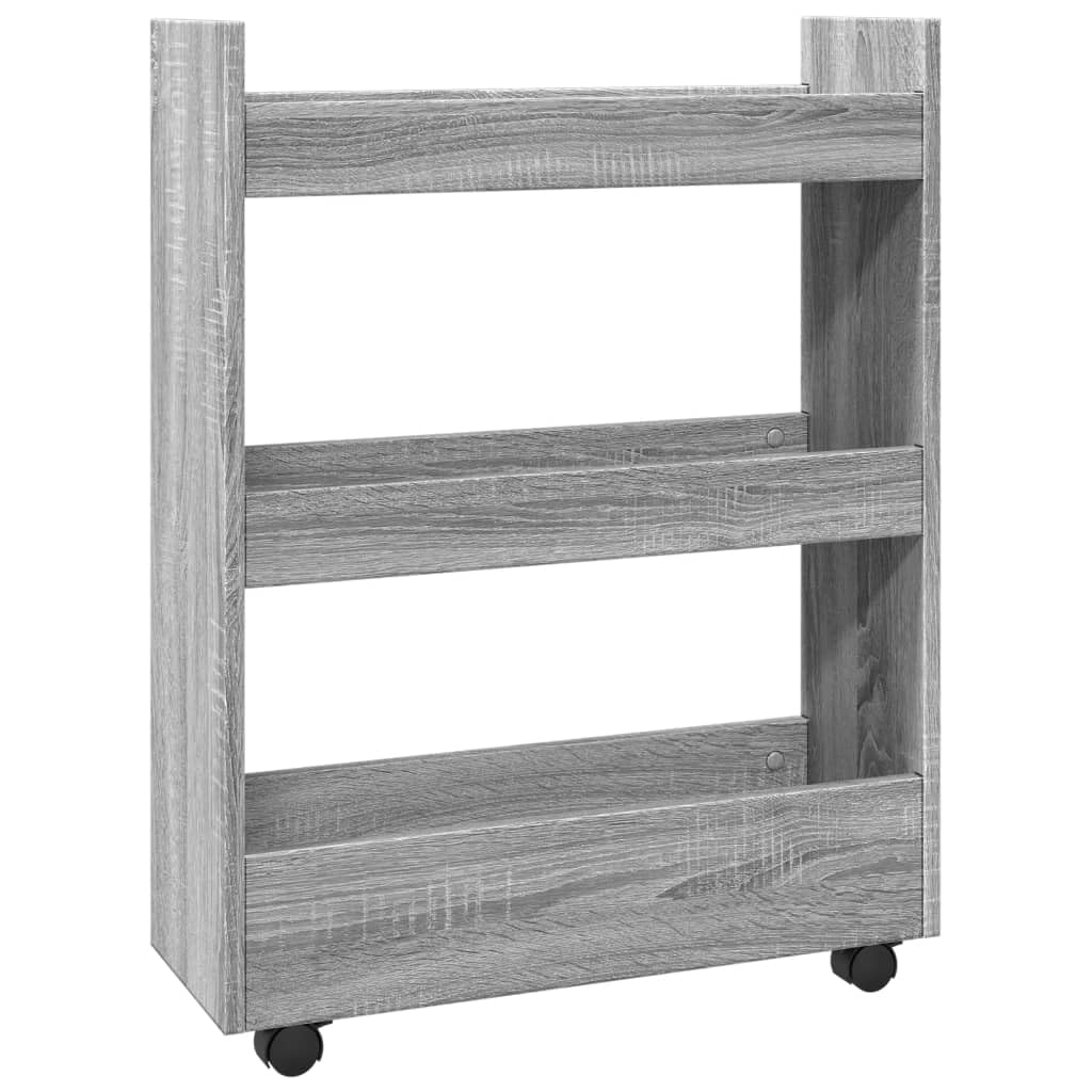 Carro de almacenamiento estrecho de 3 niveles, carrito de madera con ruedas, para cocina, baño, salón, gris, Sonoma, 60 x 22 x 80 cm