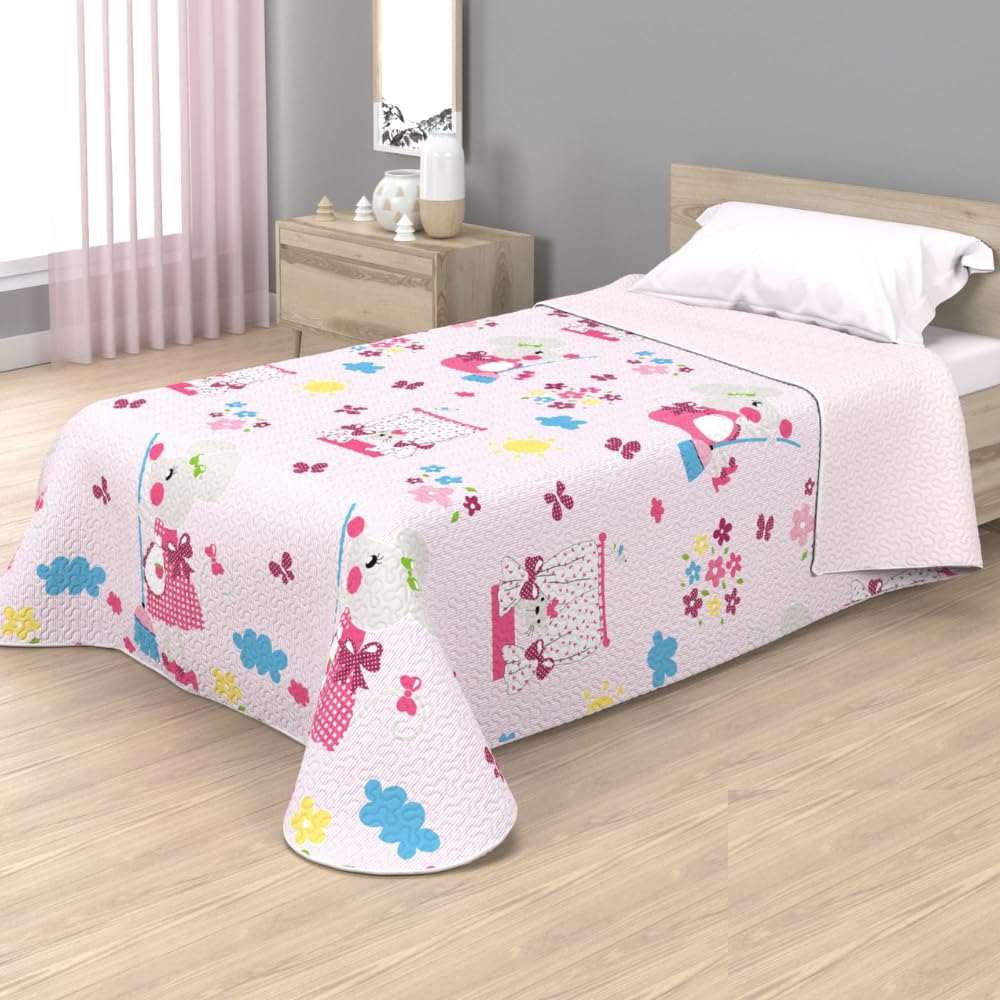Colcha bouti infantil con acolchado termosellado para camas 90 y 105 cm, con diseños de piratas, unicornios, perritos y cerditos... Ideal para primavera y verano (Ratita, 105)