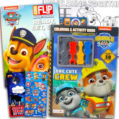 Paw Patrol Coloring Book for Kids Ages 4-8 - Rubble & Crew Coloring Art Set Bundle with Coloring Pages, Activities, Games Plus Stickers, Crayons, More | Paw Patrol Rubble Activity Book Set for Boys