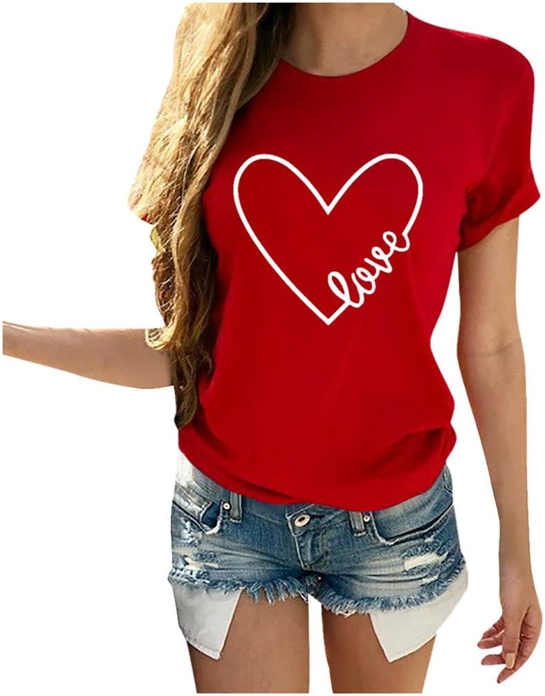 Heart Shirt Top Womens Valentine's Day T Shirt Short Sleeve Mother's Day Graphic Print Tee Red
