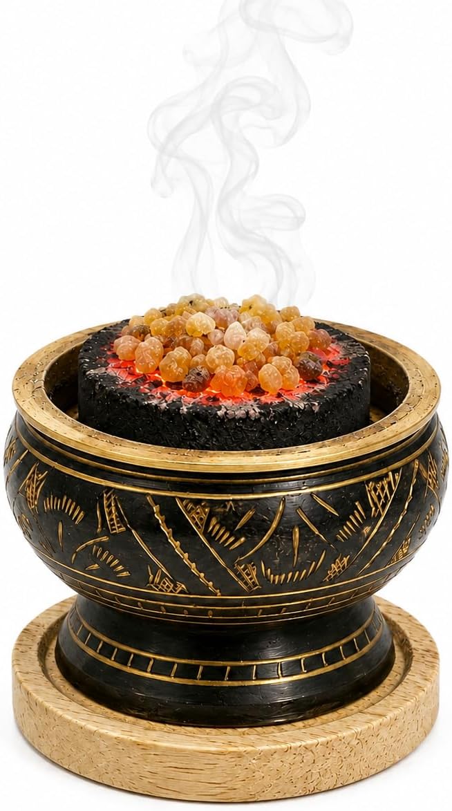 Aro Vatika Brass Burner Used for Burning Incense/Charcoal/Sambrani Dhoop/with Wooden Coaster to Hold The Burner (Black)