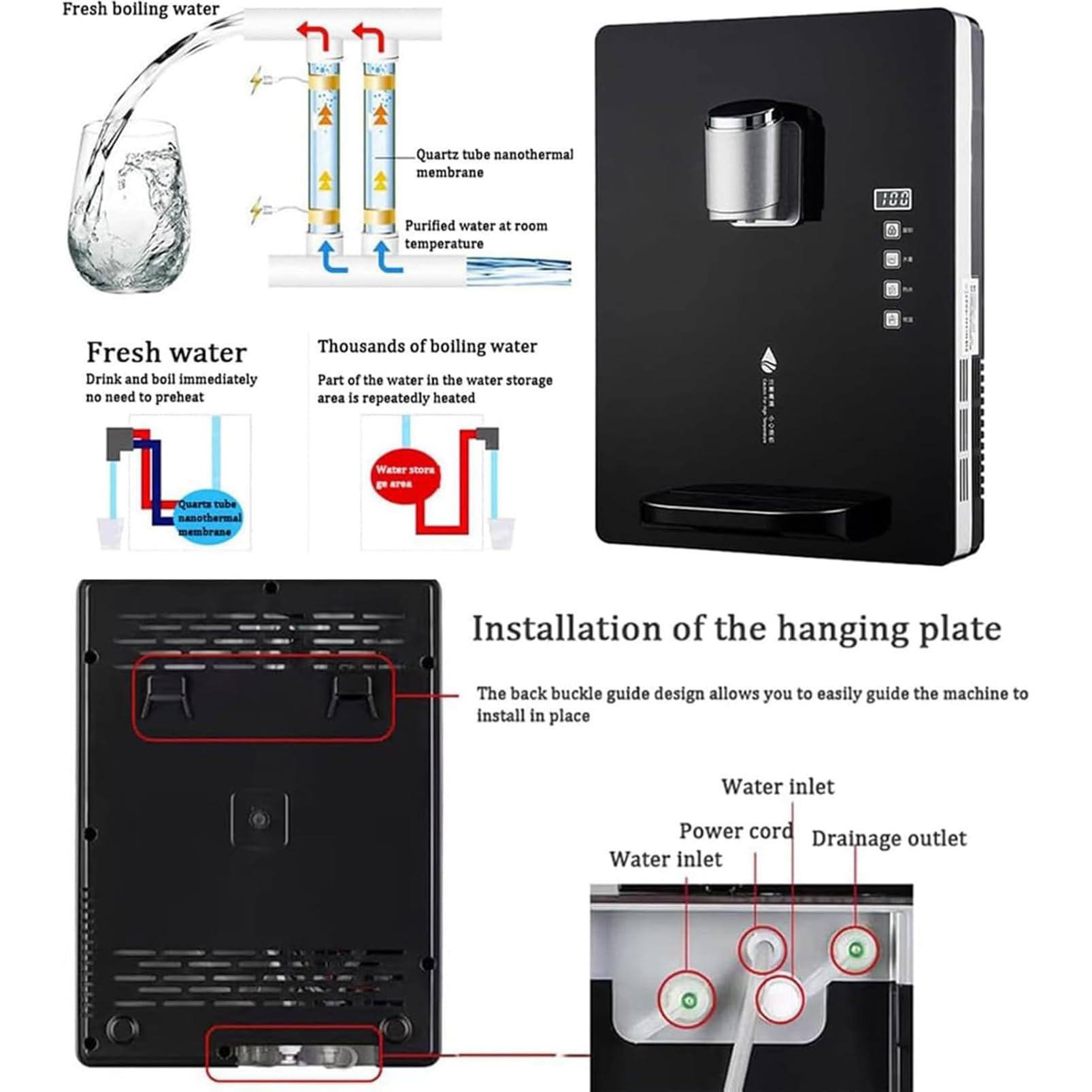 Dispensador de agua caliente instantáneo, enfriador de agua alimentado por red de 2200 W con bloqueo infantil, control de temperatura inteligente con pantalla táctil, ideal para uso en oficina y hotel