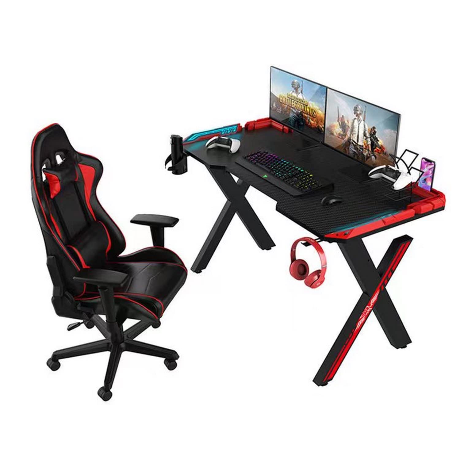 Brigros WeHome - Scrivania Gaming LED RGB, Scrivania Da Gioco Desk Per Laptop Pc, Tavolo Gioco, Scrivania Per Computer E Gaming In Mfc E Superfizie Effetto Fibra Di Carbonio (120x60x75 cm, Red)